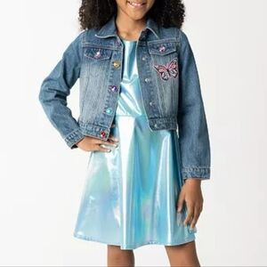 $94 Sparkle & Shine Girls Liquid Metallic Dress with Denim Jacket 2 Piece Set